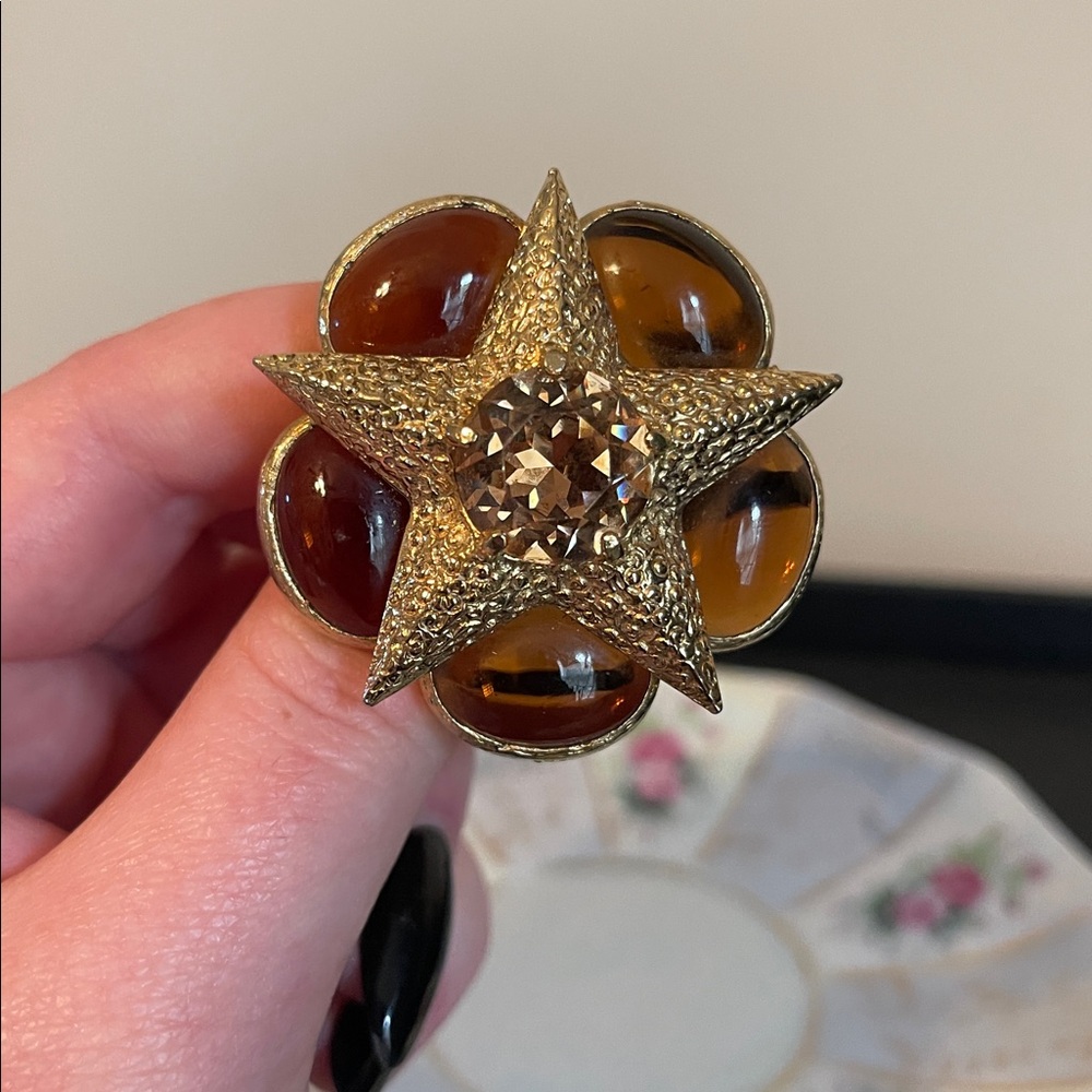 *RARE* Vintage Benedikt NY Amber Colored Glass Cabochon Star Brooch - Picture 8 of 11